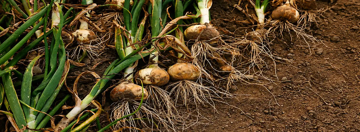 A variety of freshly harvested, dirt-covered Vidalia onions with visible stalks and roots, laying against deep brown farm soil.