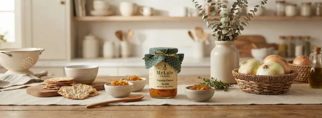 A jar of McLain Farms branded Vidalia onion relish on a table alongside bowls of relish and fresh crackers.