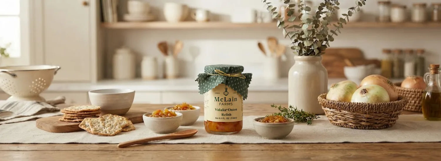 A jar of McLain Farms branded Vidalia onion relish on a table alongside bowls of relish and fresh crackers.