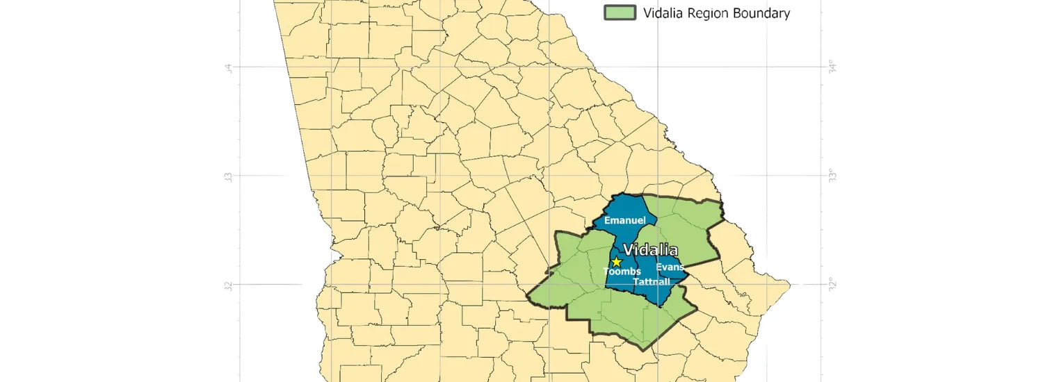 Map showing the Vidalia onion growing region within the southeast edge of the state of Georgia.